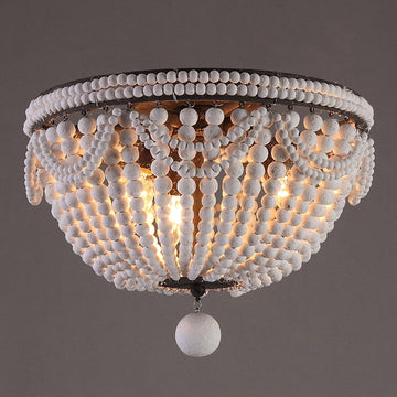 Retro Farmhouse Distressed White Wood Bead Cascade 3-Light Dome Shaped Flush Mount Ceiling Light in Rust
